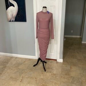 New Women Medium Pink long-sleeved, high-neck midi dress,all-over ruched